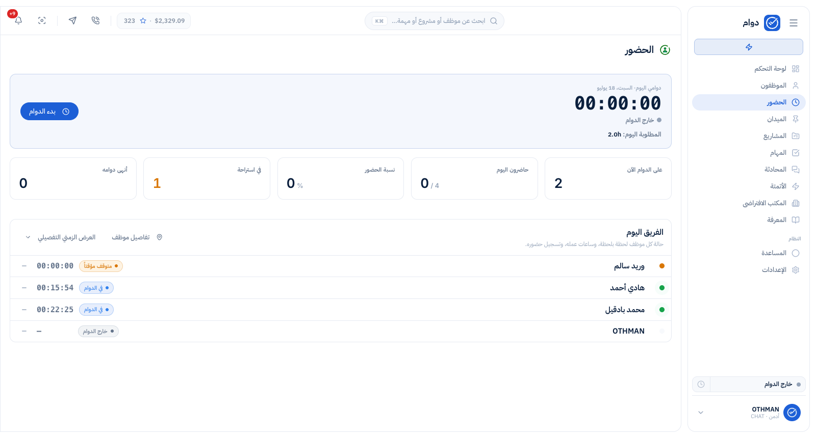لوحة الحضور المباشرة في دوام